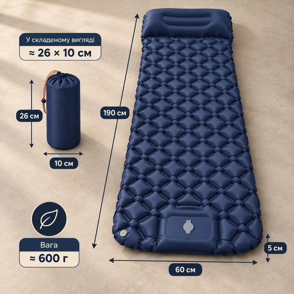 Надувний туристичний матрац-каремат TrailNest Air DT-472 190&times;60&times;5 см з подушкою та ножним насосом, темно-синій dem472 фото