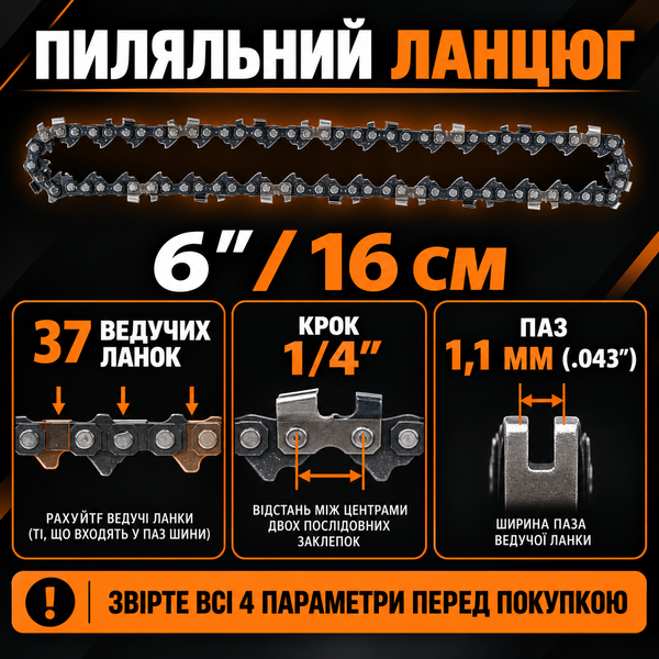 Цепь для аккумуляторной мини-пилы 6&Prime; / 16 см, 1/4&Prime;, 1,1 мм, 37 ведущих звеньев j5558 фото