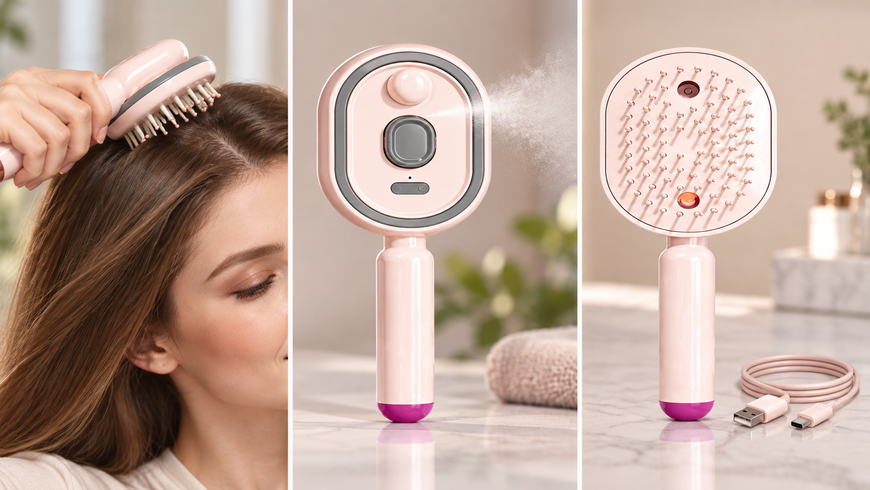 Паровая массажная щётка-расчёска MistGlow 3 в 1 для расчёсывания и выравнивания волос, распыление, вибрация и LED dt1464 фото