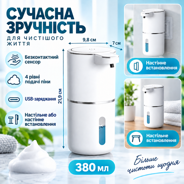 Сенсорный дозатор пены AquaSense 380 мл с USB-зарядкой, настенный/настольный dt1480 фото
