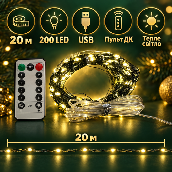 Гірлянда &laquo;Роса&raquo; 20 м на зеленому дроті, 200 LED, USB, з пультом, тепле світло ros20200 фото