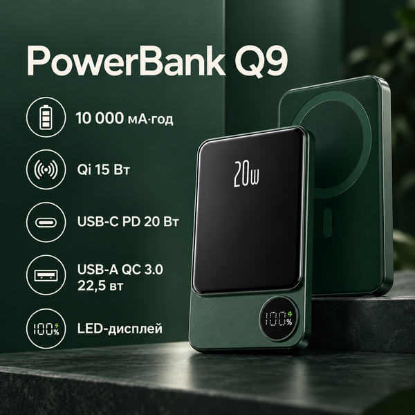 Магнитный PowerBank Q9 10000 мА&middot;ч с MagSafe, Qi 15 Вт и LED-дисплеем 5359 фото