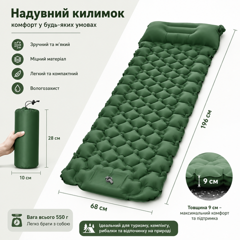 Туристичний самонадувний килимок CampRest 190&times;60&times;6 см із вбудованим насосом TPU кемпінг m12003 фото