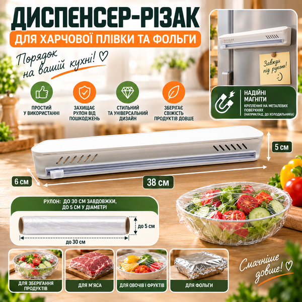 Кухонний диспенсер-різак для плівки та фольги з магнітним кріпленням, 38&times;5&times;6 см, білий neo6409 фото