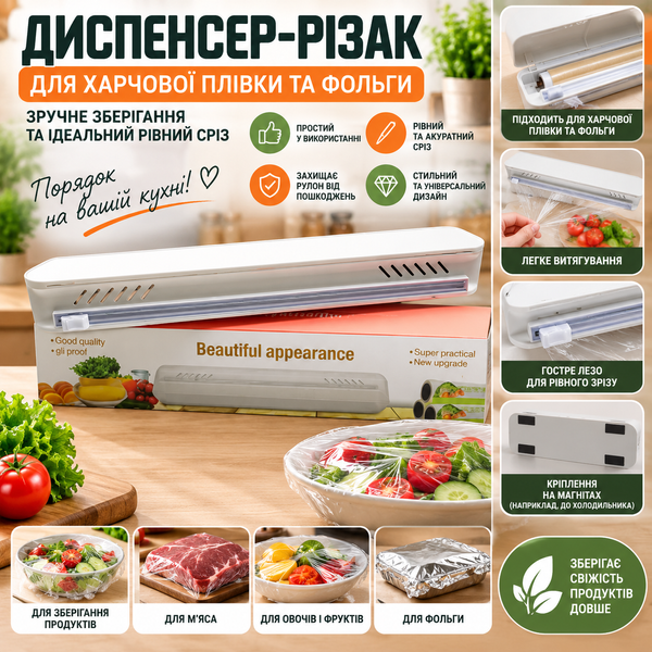 Кухонний диспенсер-різак для плівки та фольги з магнітним кріпленням, 38&times;5&times;6 см, білий neo6409 фото
