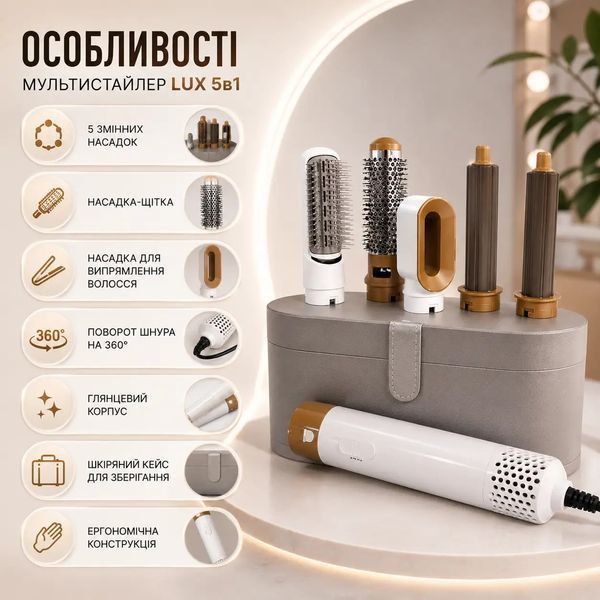 Мультистайлер Lux 5 в 1 професійний 5 насадок шнур 360&deg; шкіряний кейс білий глянець 220В j5975 фото
