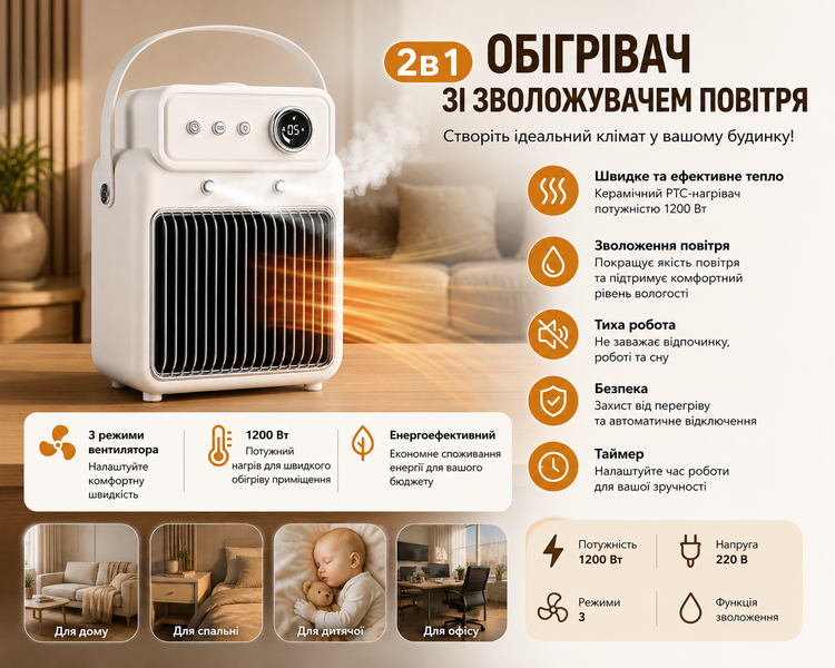 Портативний обігрівач зі зволожувачем повітря 2в1 1200 Вт smay34 фото