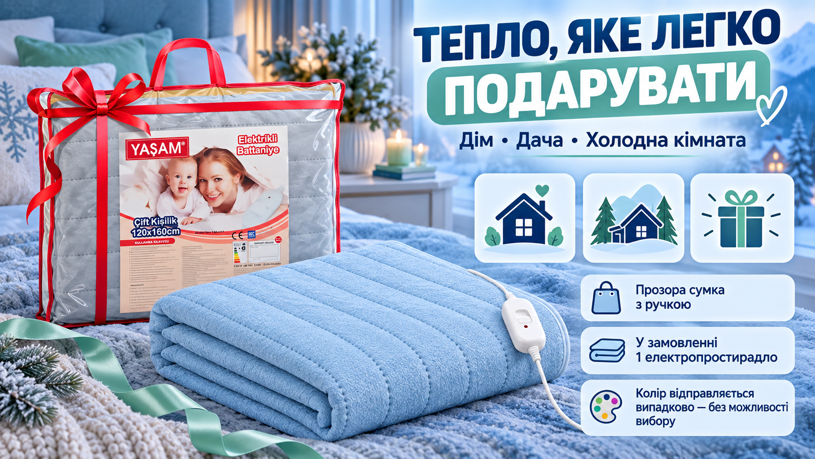 Електропростирадло YASAM у прозорій сумці з ручкою — колір асорті