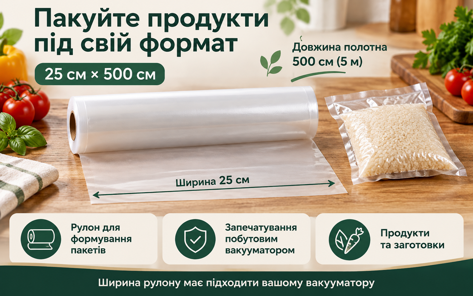 Вакуумний рулон 25 см × 500 см: розмір і застосування